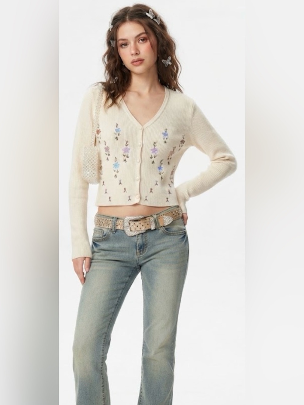 Willow & Wind Womens Small Cream Ribbed Knit Floral Embroidered Cardigan V-Neck‎